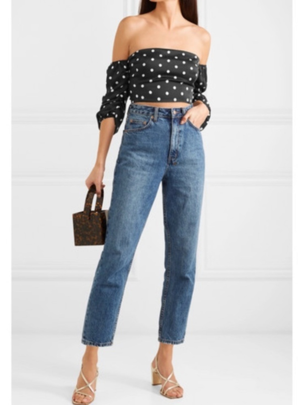 Cami NYC The Misha Cropped Off Shoulder Polka Dot Top in Black 100% Silk Size S